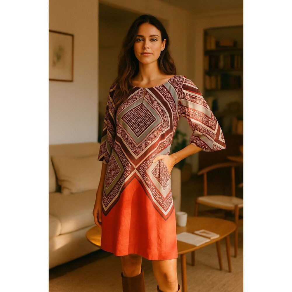 Geometric Print Red & Burgundy Shift Dress‎ With 3/4 Sleeves